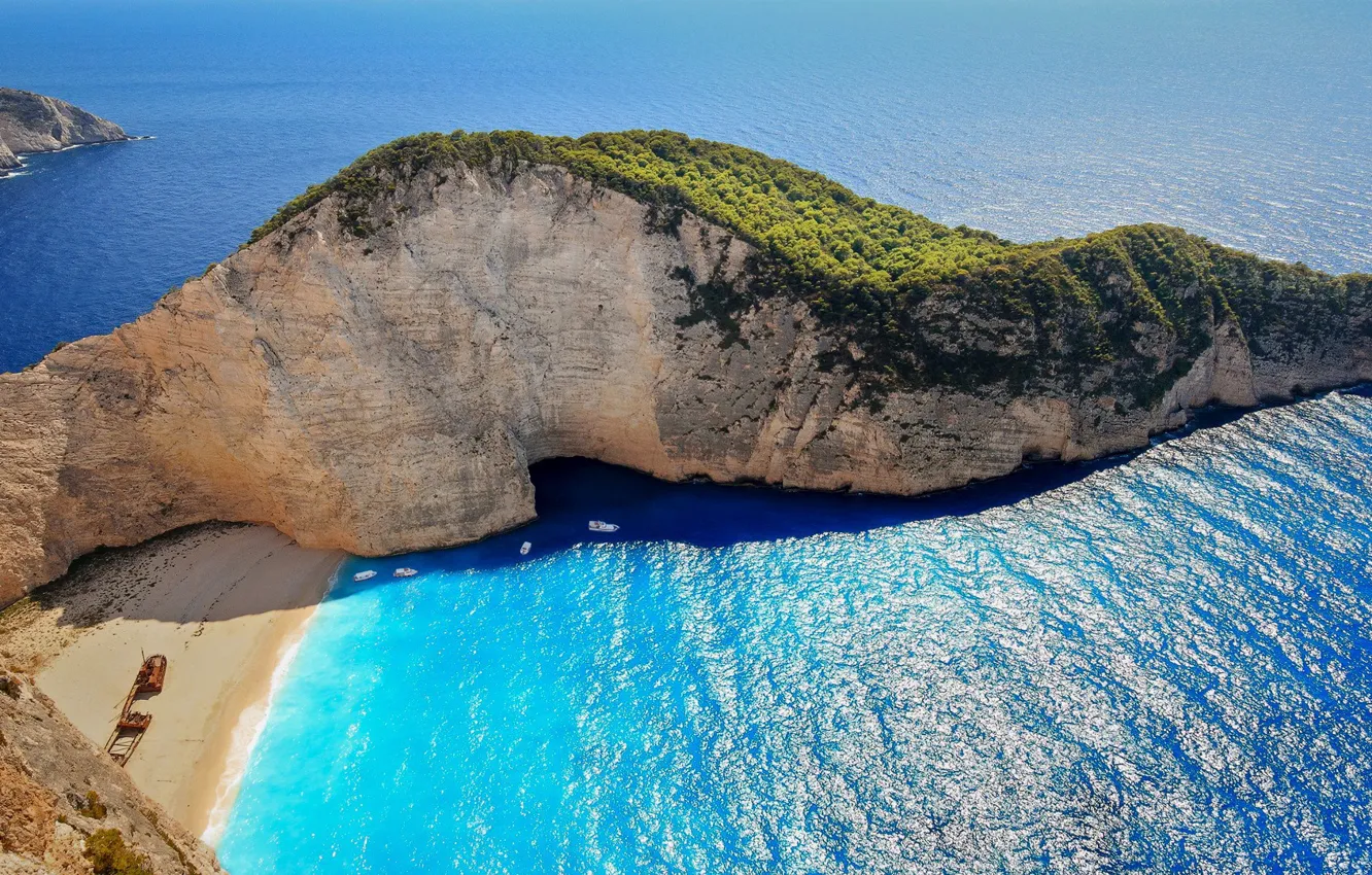 Фото обои море, пляж, Греция, Greece, Закинтос, Navagio Beach at Zakynthos