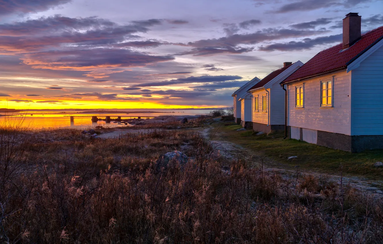 Фото обои закат, побережье, вечер, Норвегия, домики