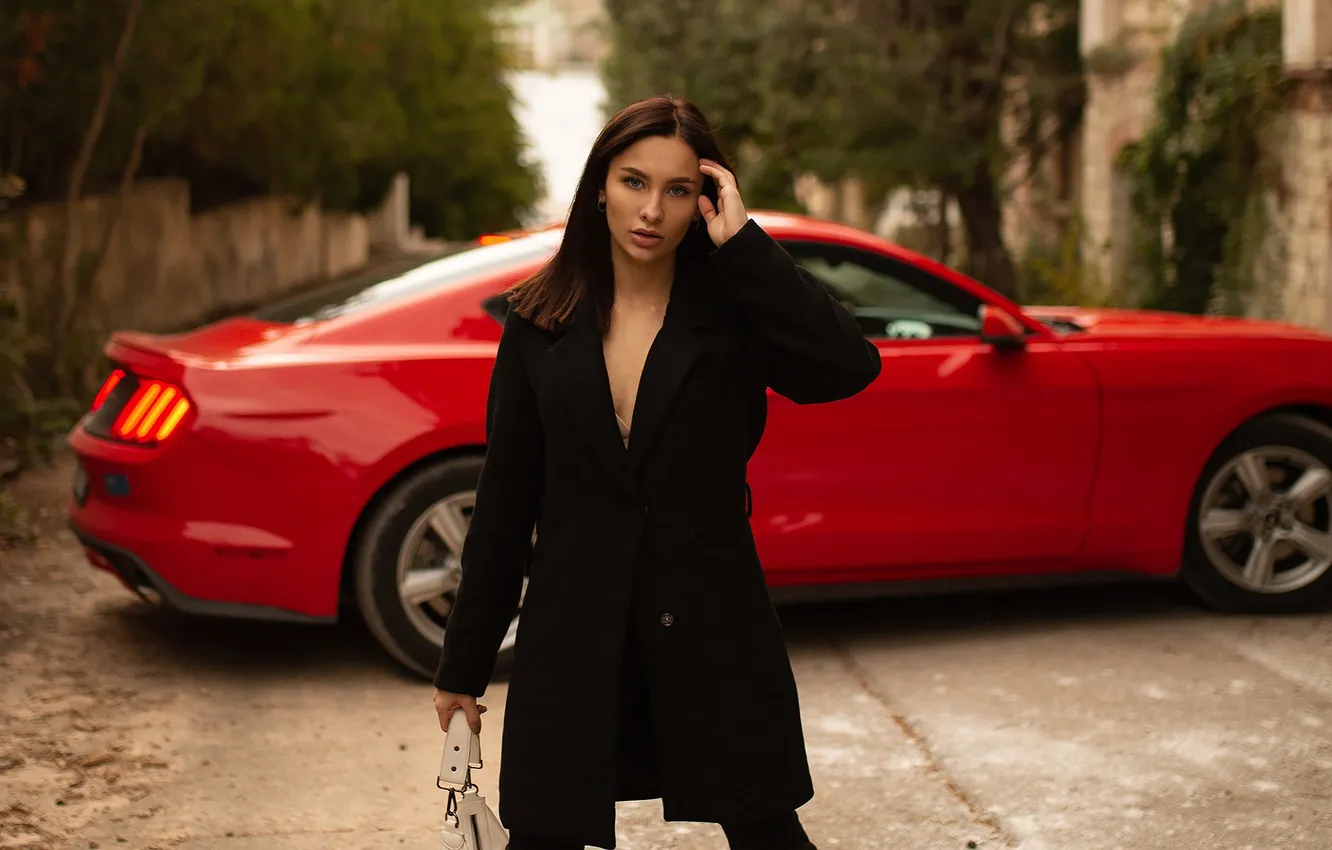 Фото обои девушка, trees, model, brunette, coats, looking at viewer, women outdoors, women with cars