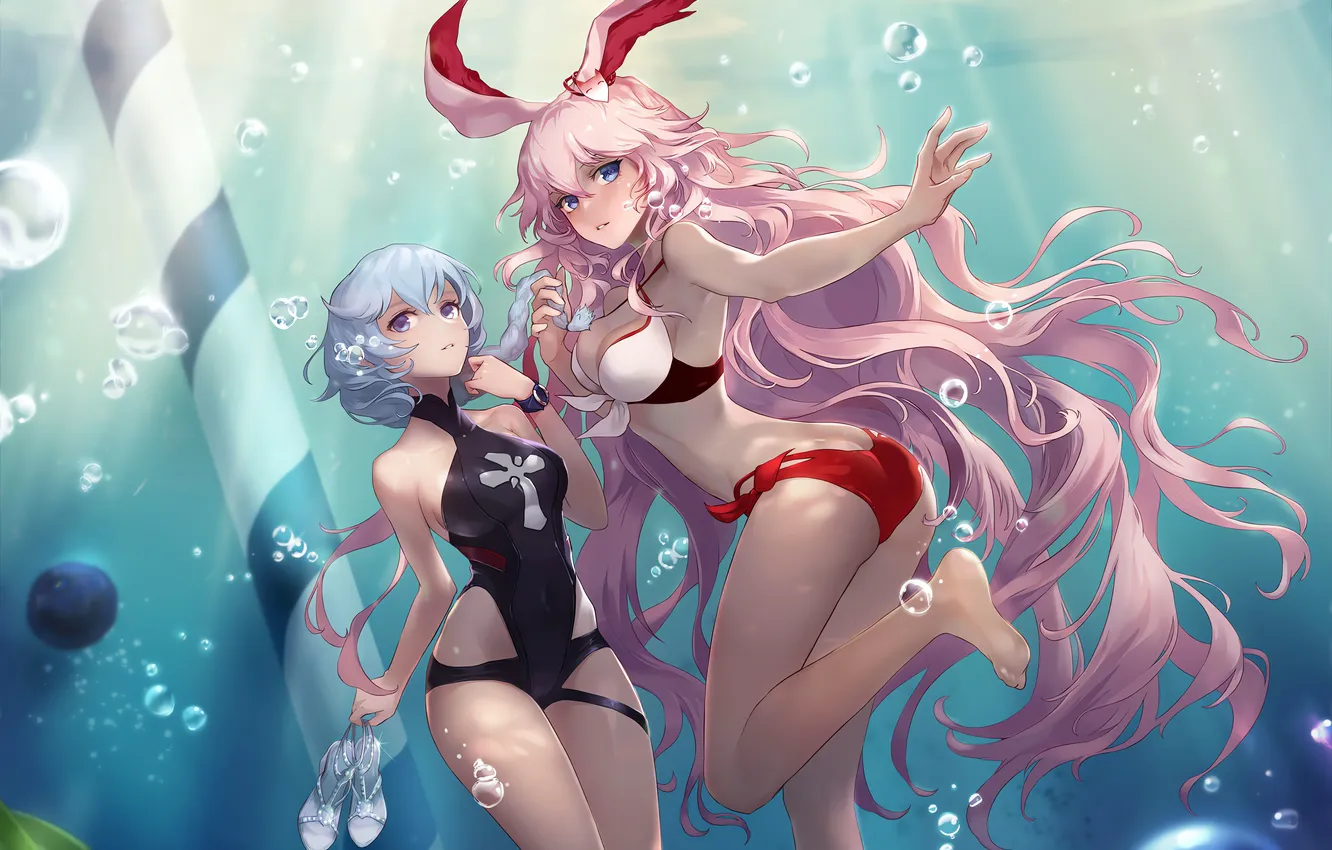 Фото обои girl, sexy, ass, cleavage, pink hair, long hair, underwater, boobs