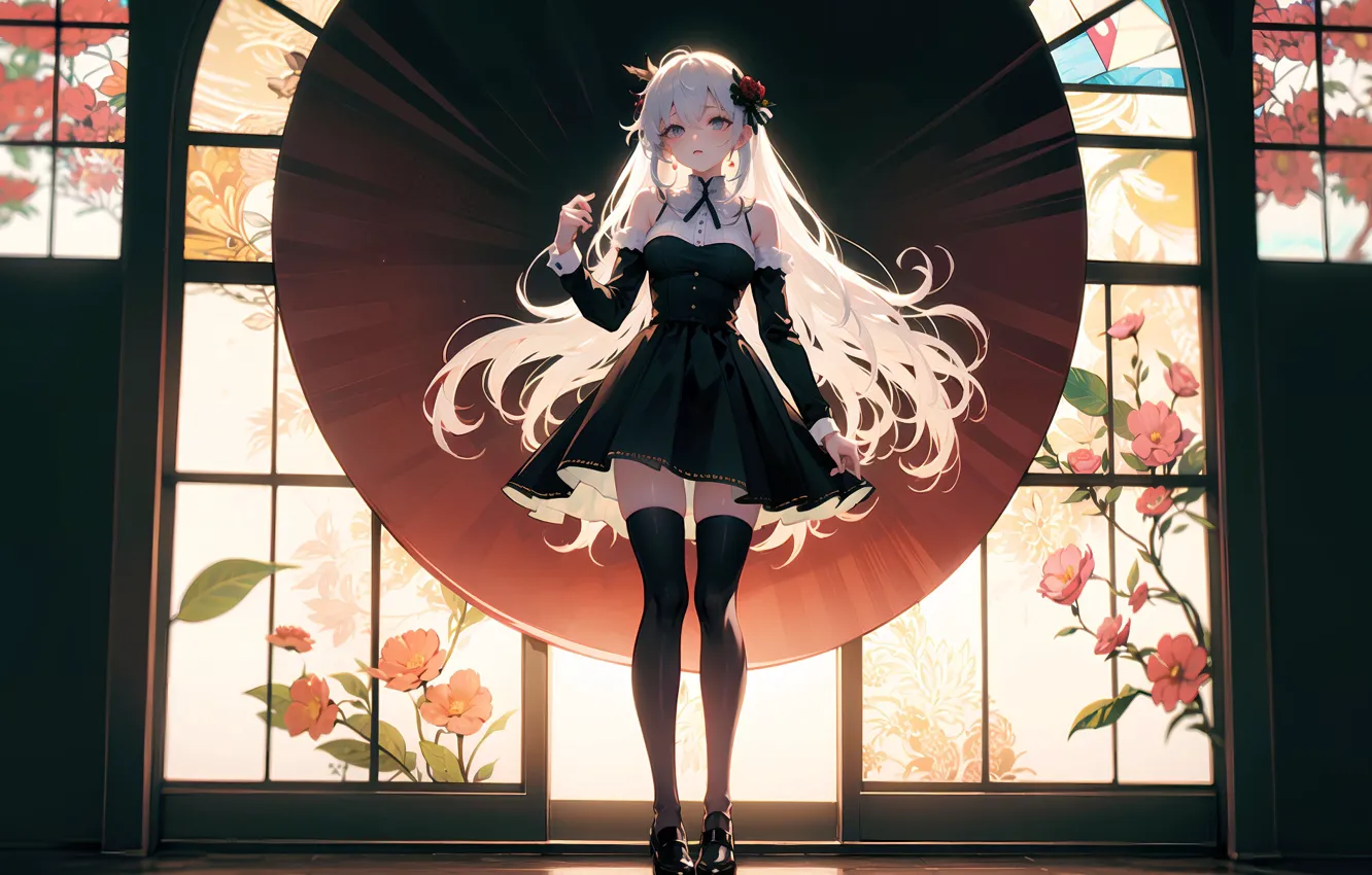 Фото обои цветы, аниме, окно, черное платье, жест, длинные волосы, long hair, белые волосы