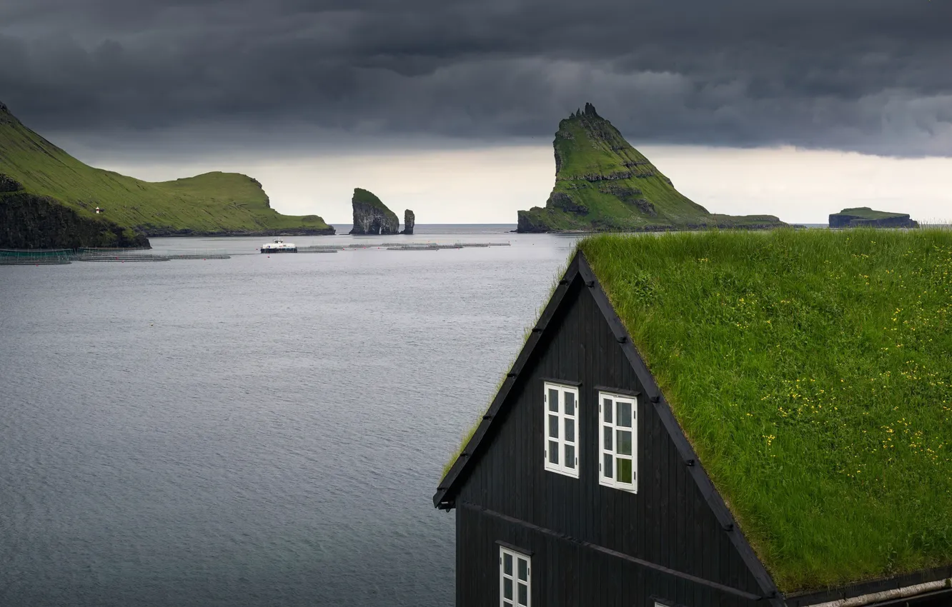 Фото обои берег, дома, Faroe Islands, Vaga, Bour