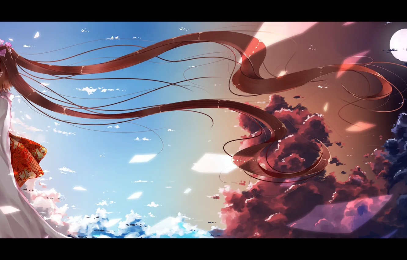 Фото обои ветер, Япония, девочка, кимоно, длинные волосы, в профиль, Touhou Project, Проект Восток