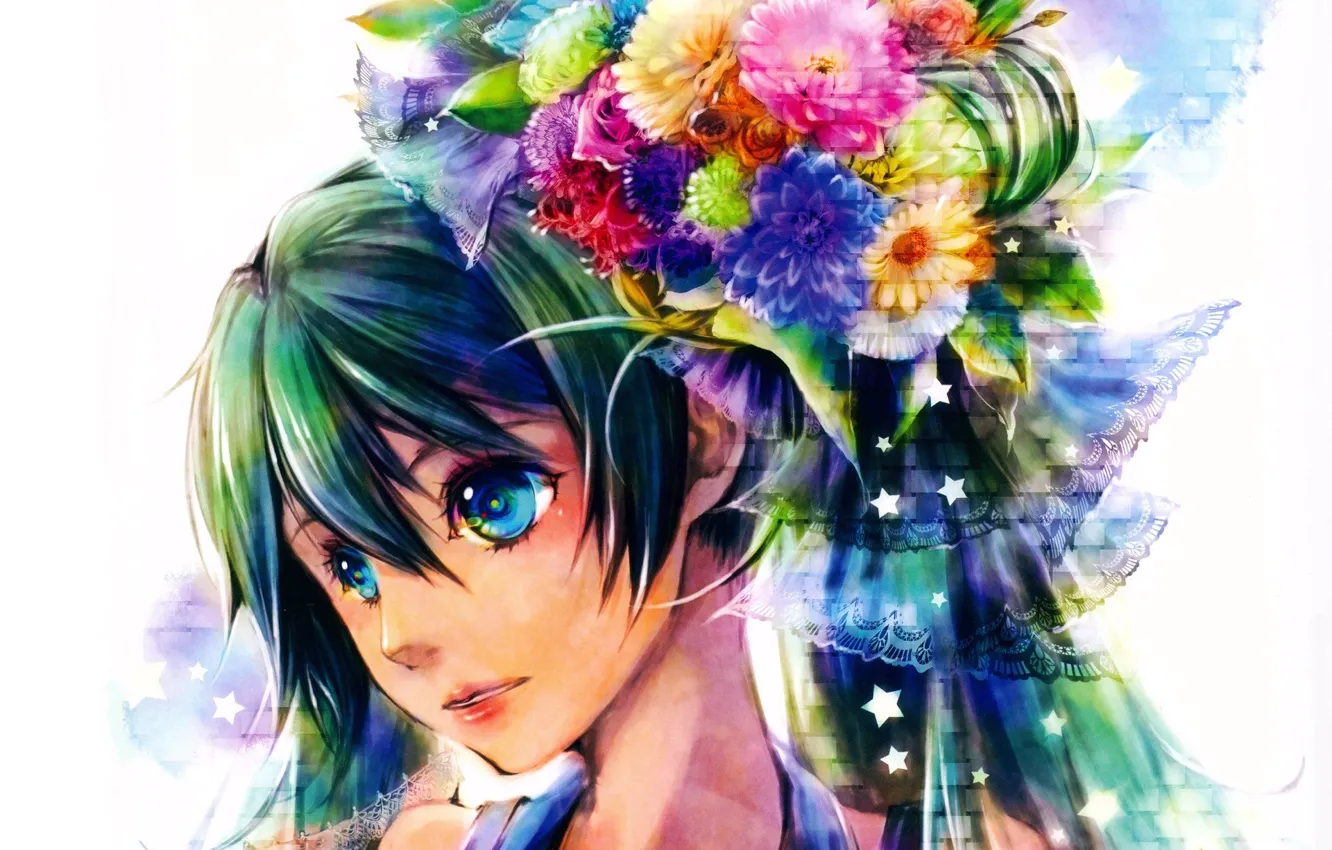 Фото обои лицо, букет, прическа, кружева, голубые глаза, vocaloid, Hatsune Miku, звездочки