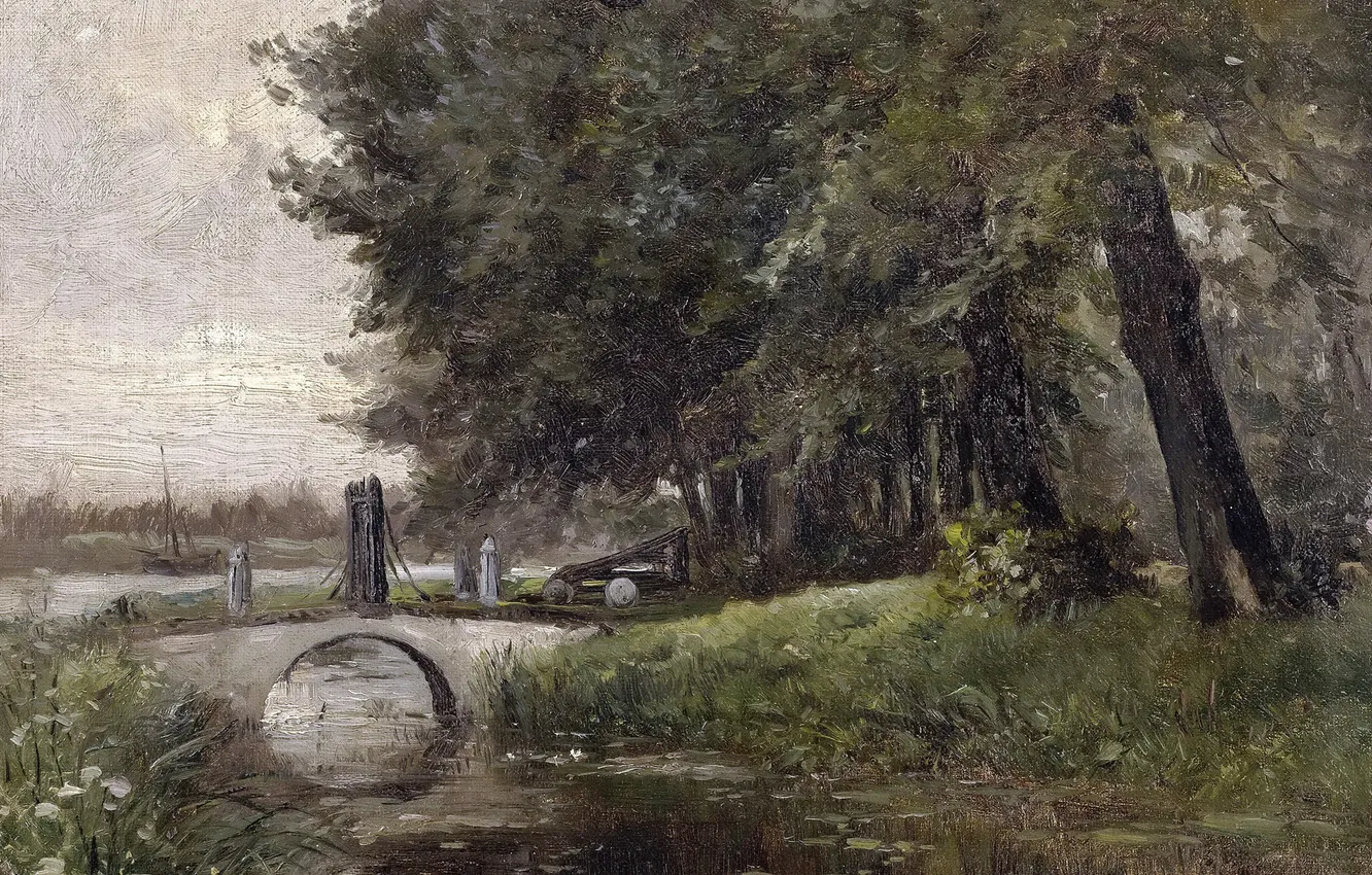 Фото обои деревья, мост, река, картина, Карлос де Хаэс, Пейзаж в Неймегене