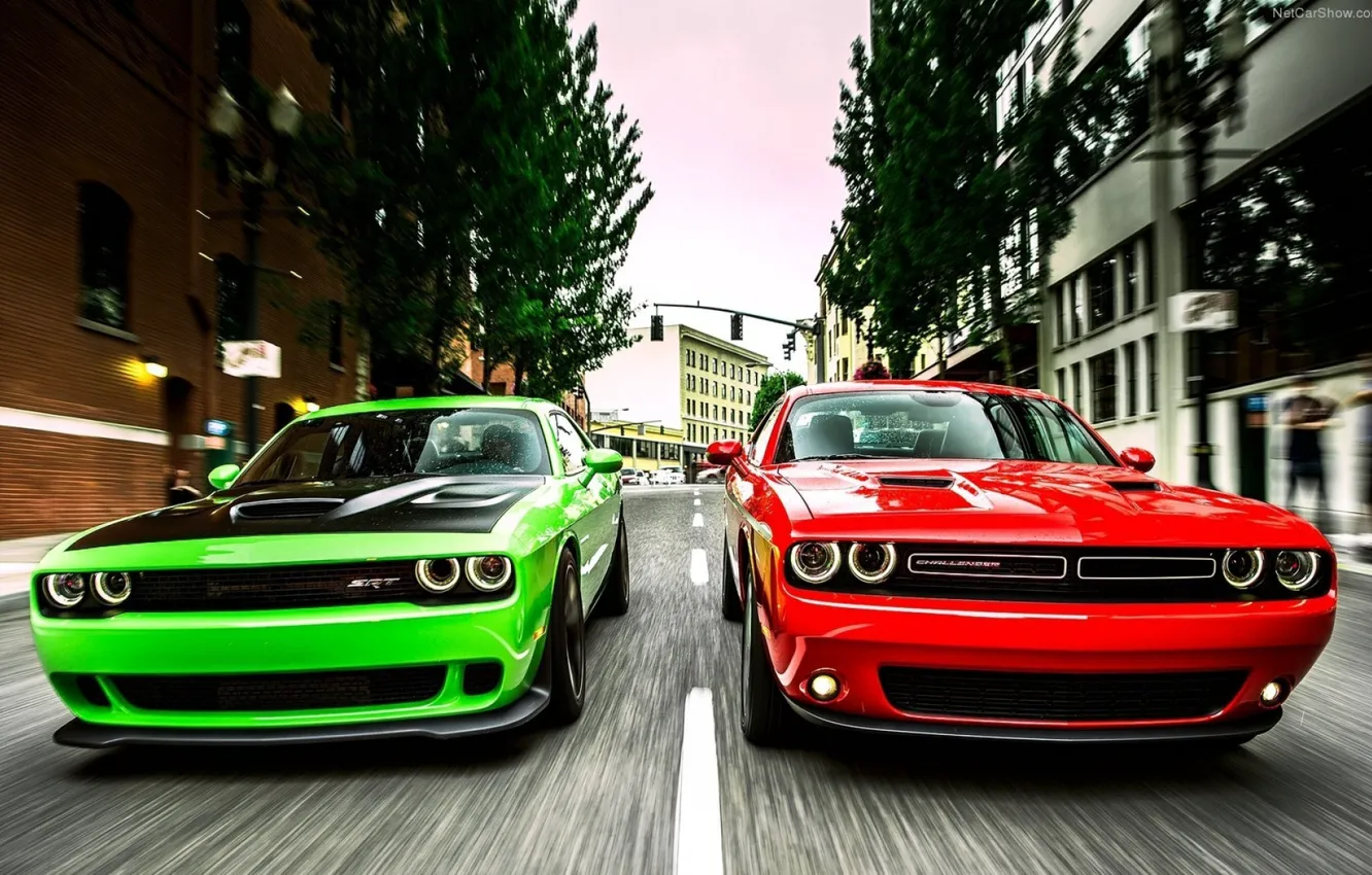 Фото обои Muscle, Red, Race, Cars, Dodge Challenger, Green, Speed, Hellcat