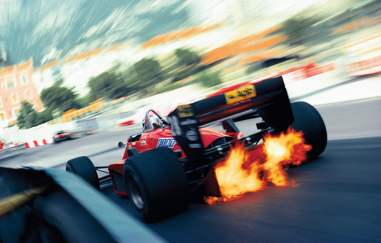 Фото обои ferrari, vintage, racecar, formula one, monaco, flames, downshift, exhaust