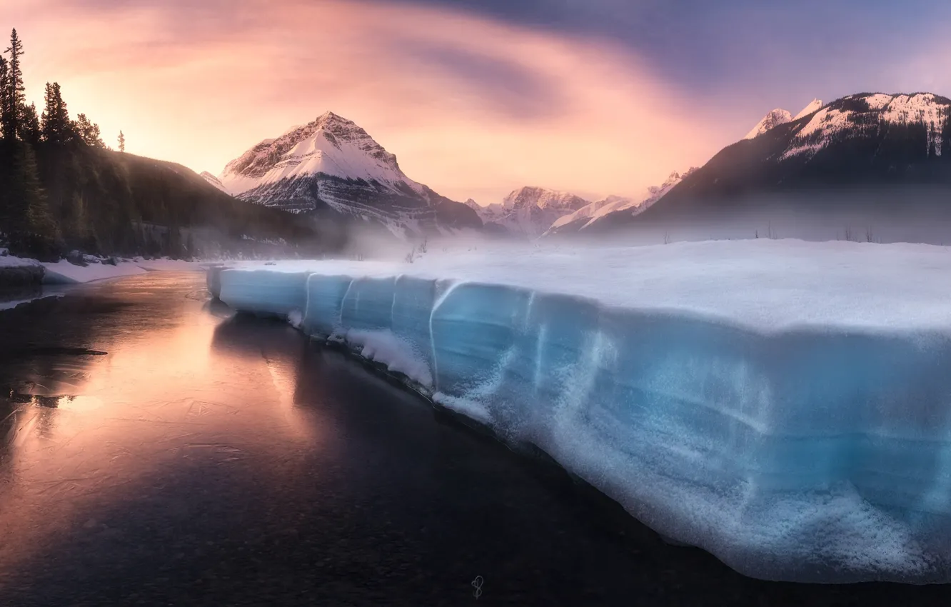 Фото обои лес, свет, горы, река, лёд