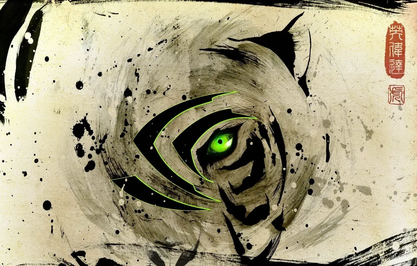 Фото обои тигр, глаз, полосы, надпись, пятна, Nvidia, иероглиф