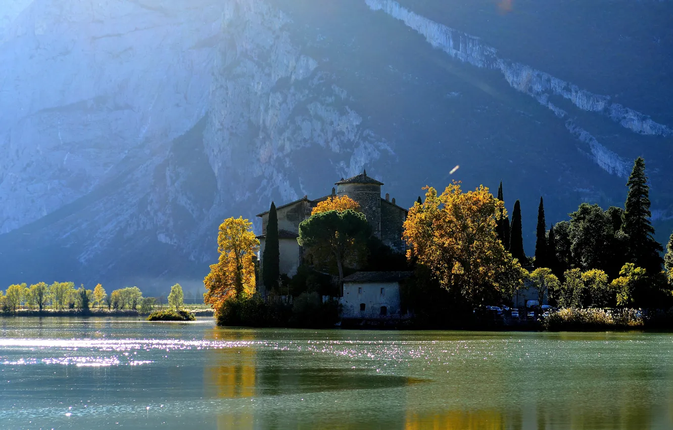 Фото обои осень, деревья, горы, река, замок, Природа, Италия, river
