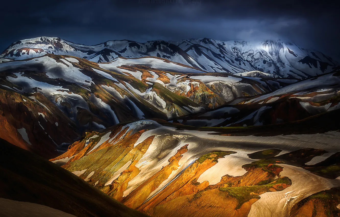 Фото обои свет, снег, горы, холмы, тени, Исландия