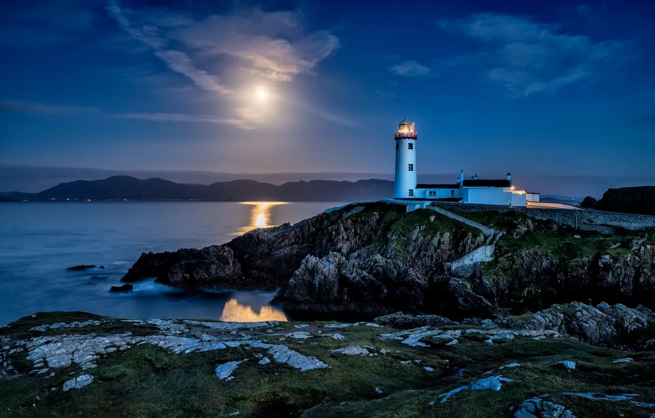 Фото обои море, ночь, маяк