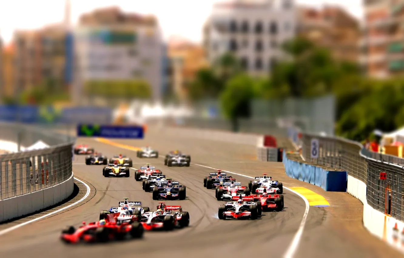 Фото обои машины, гонки, формула1, tilt shift, formula1, болиды