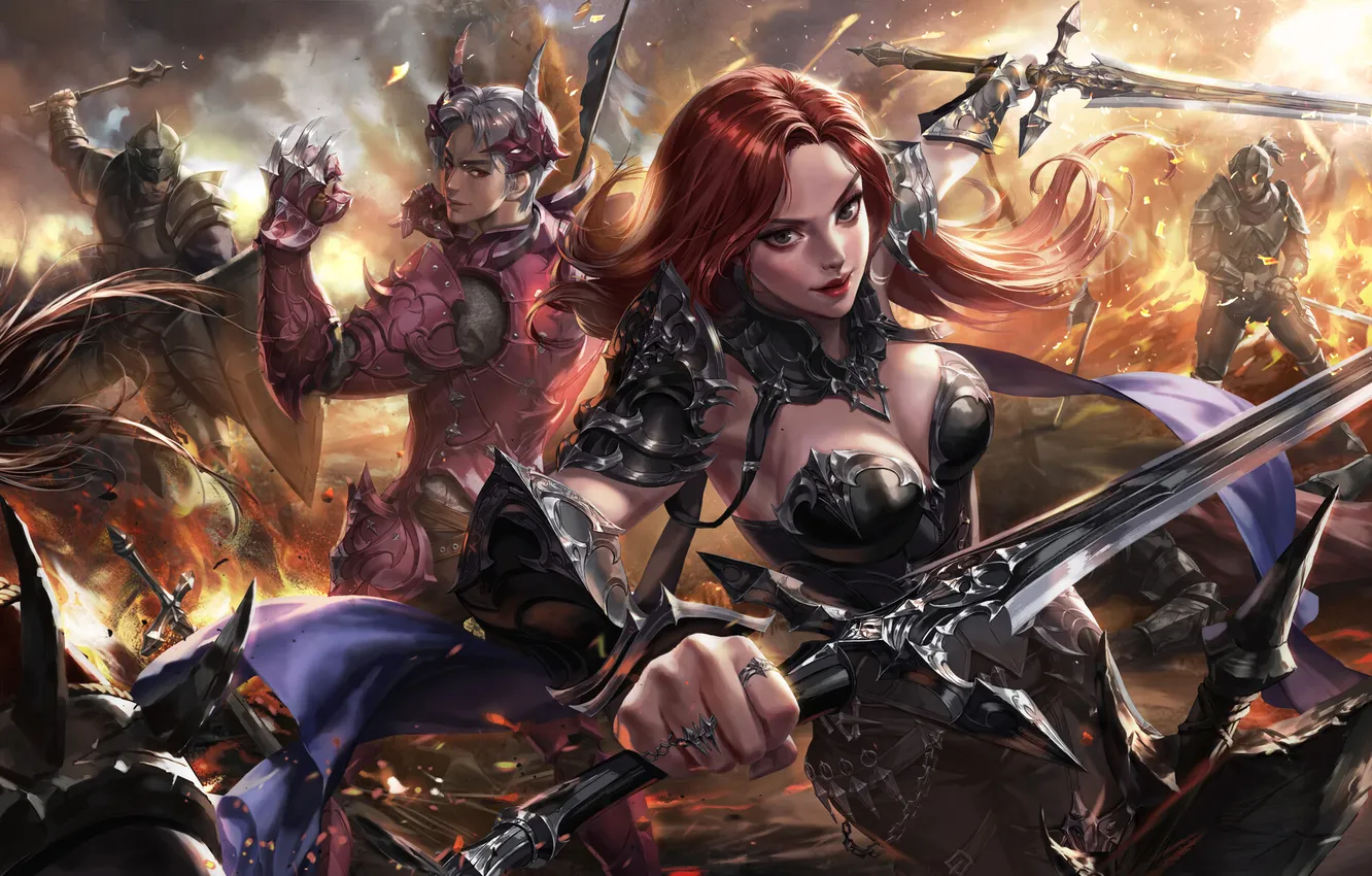 Фото обои fire, girl, sword, fantasy, armor, weapon, man, battle