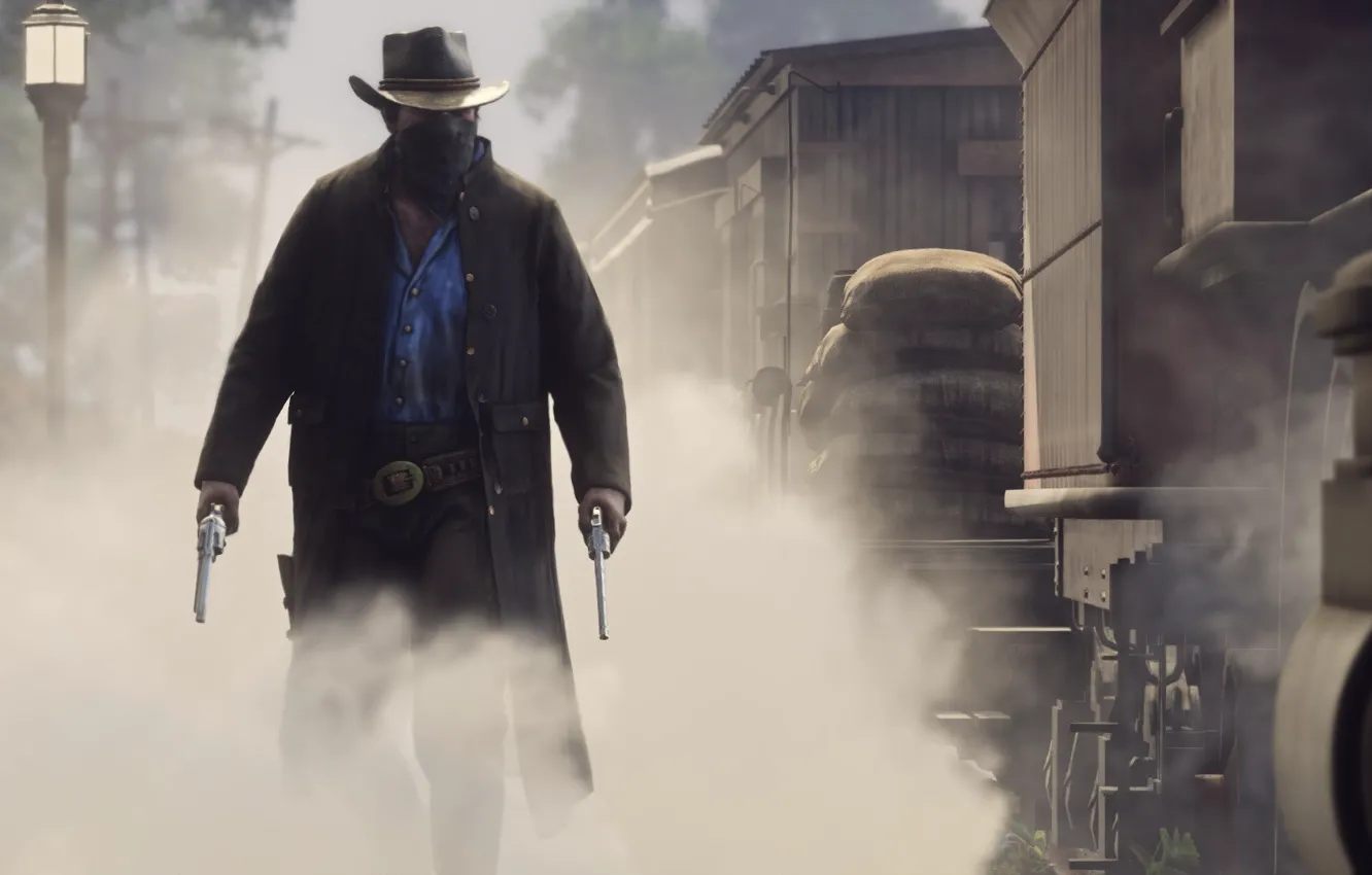 Фото обои оружие, дым, ковбой, револьверы, Red Dead Redemption 2, Red Dead