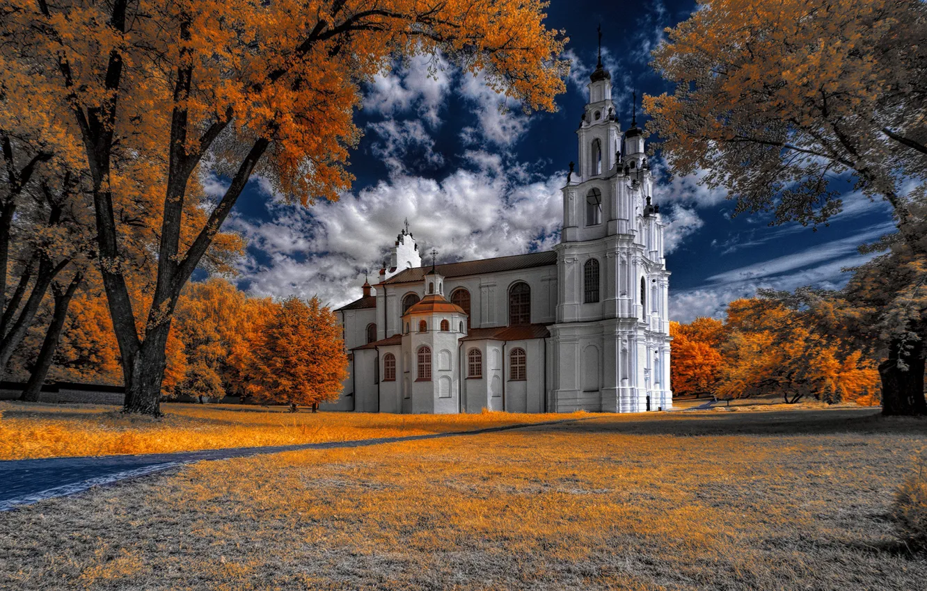 Фото обои деревья, собор, храм, Беларусь, Софийский собор, Полоцк