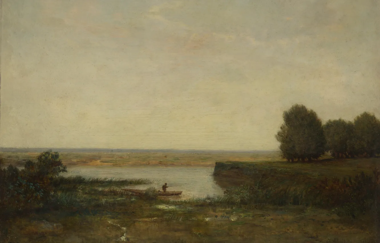 Фото обои пейзаж, картина, Théodore Rousseau, Речная сцена, Теодор Руссо