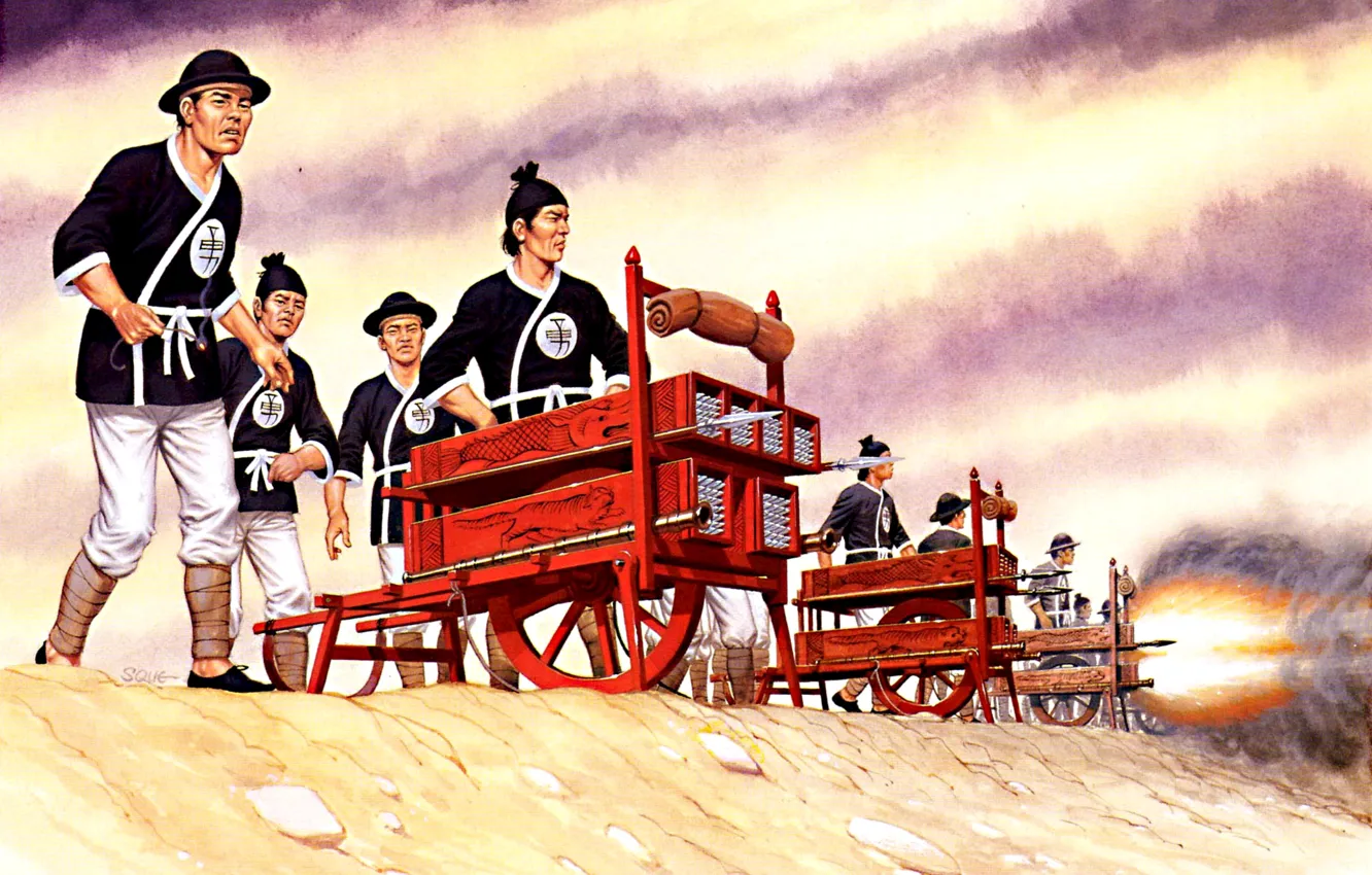 Фото обои огни, рисунок, выстрел, арт, дротики, пороховые пушки, китайские войны