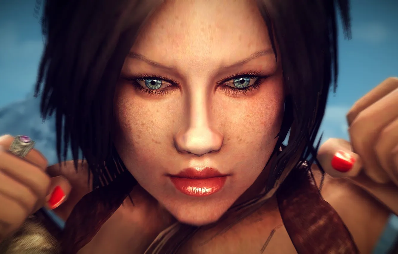 Фото обои глаза, девушка, игра, рыжая, красивые, The Elder Scrolls V Skyrim, красные ногти