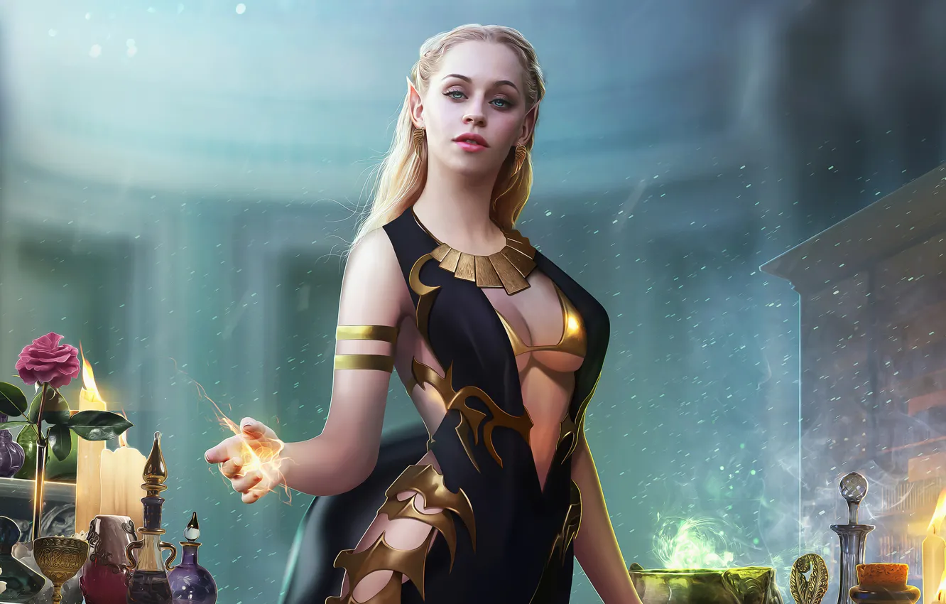 Фото обои Девушка, Блондинка, Стиль, Girl, Волшебница, Магия, Ведьма, Fantasy