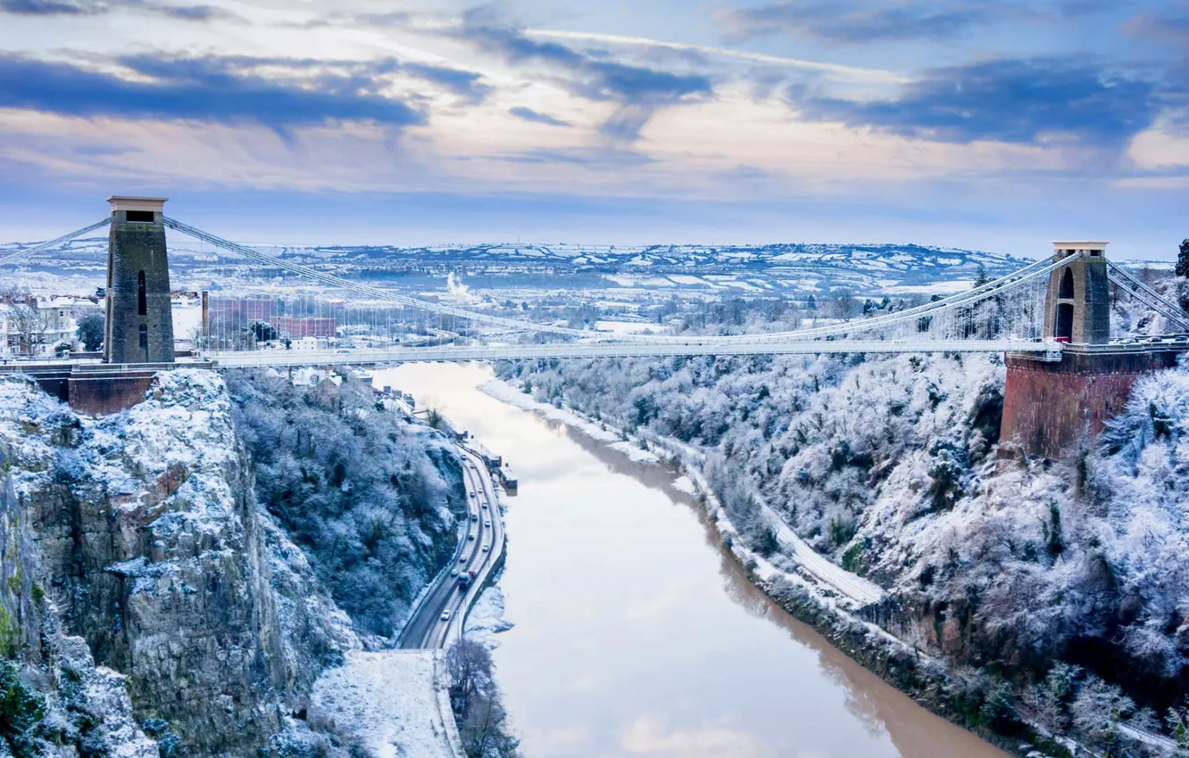 Фото обои зима, снег, река, скалы, Англия, Бристоль, Сомерсет, Клифтонский мост