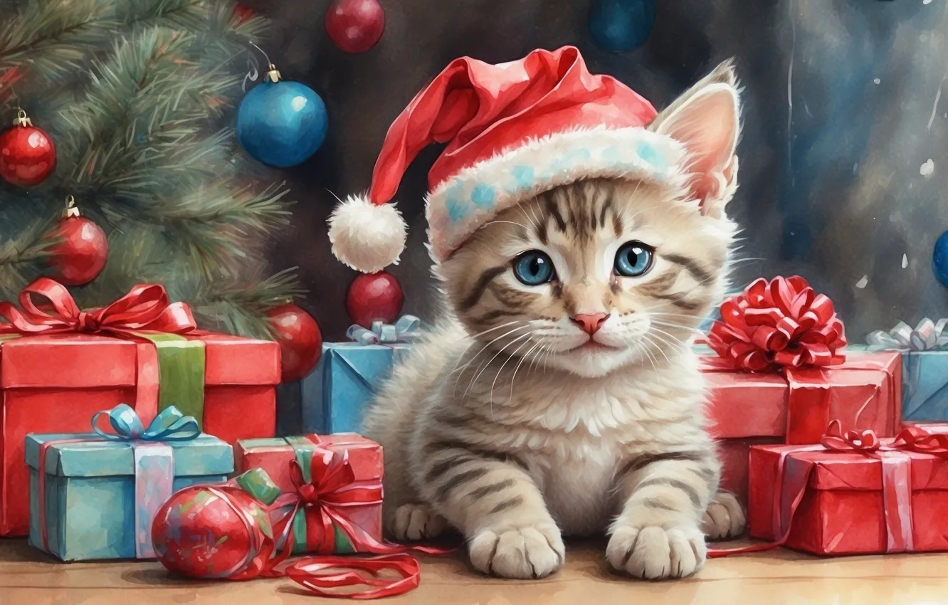 Фото обои кошка, взгляд, шарики, ветки, поза, котенок, рисунок, котик