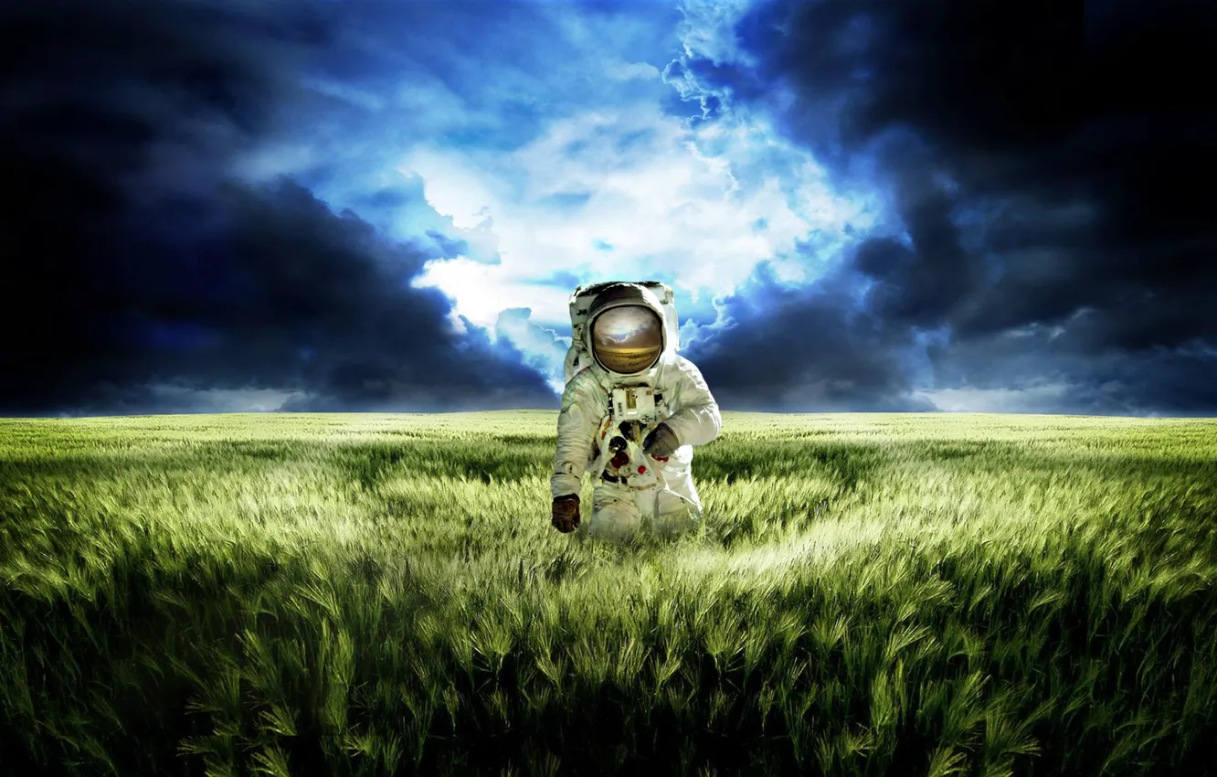Фото обои поле, небо, трава, облака, синий, отражение, планета, ситуация