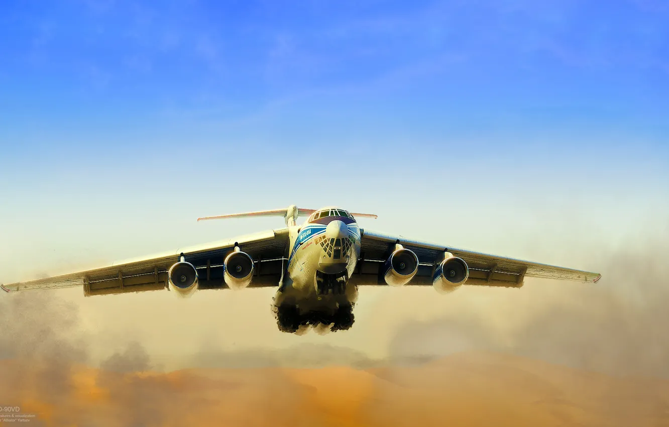 Фото обои Пыль, Самолет, Полет, Россия, Двигатели, Дюны, Ил-76, Ильюшин