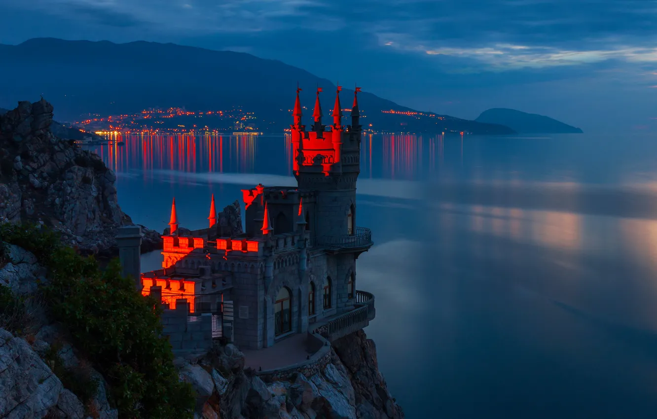 Фото обои море, ночь, скала, замок, Россия, Крым, Ласточкино гнездо, Чёрное море