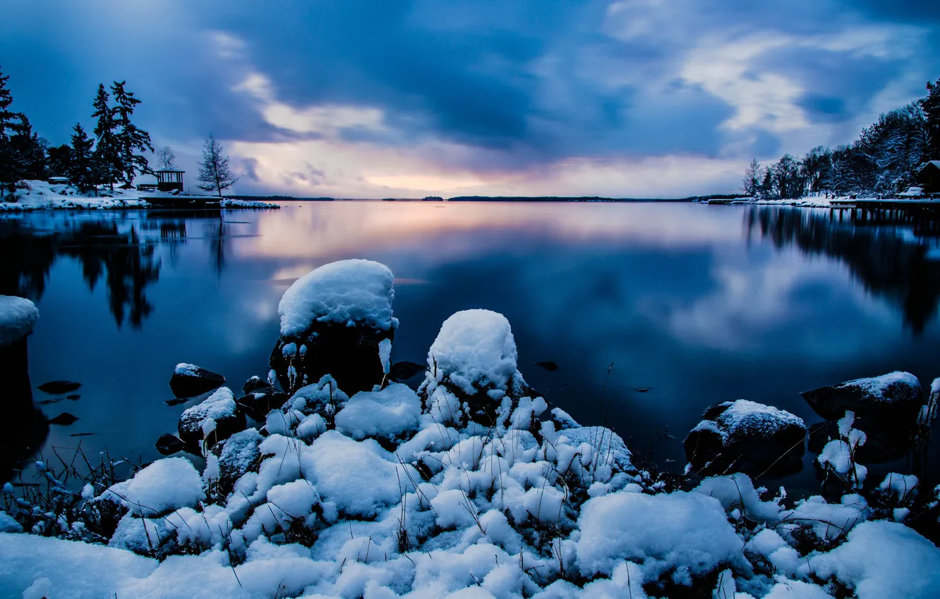 Фото обои зима, небо, вода, снег, природа, камни, вечер, Стокгольм