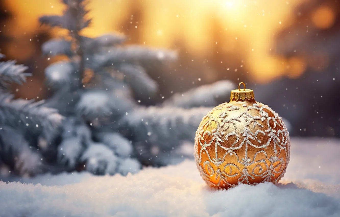 Фото обои зима, снег, украшения, шар, Новый Год, Рождество, golden, new year