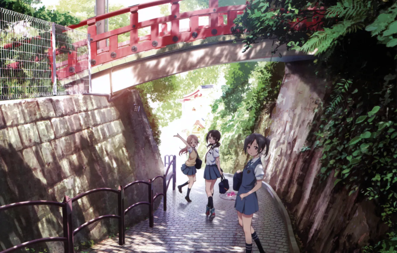 Фото обои дорога, зелень, лето, мост, брусчатка, Япония, перила, портфель