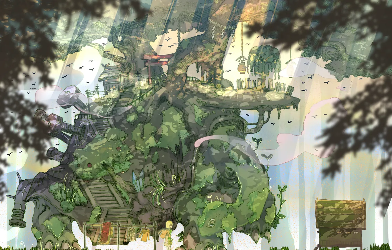 Фото обои девушка, деревья, птицы, белье, черепаха, дома, растения, аниме