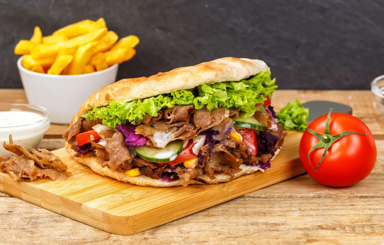 Фото обои fast food, fries, french fries, flatbread, beef, fastfood, doner kebab