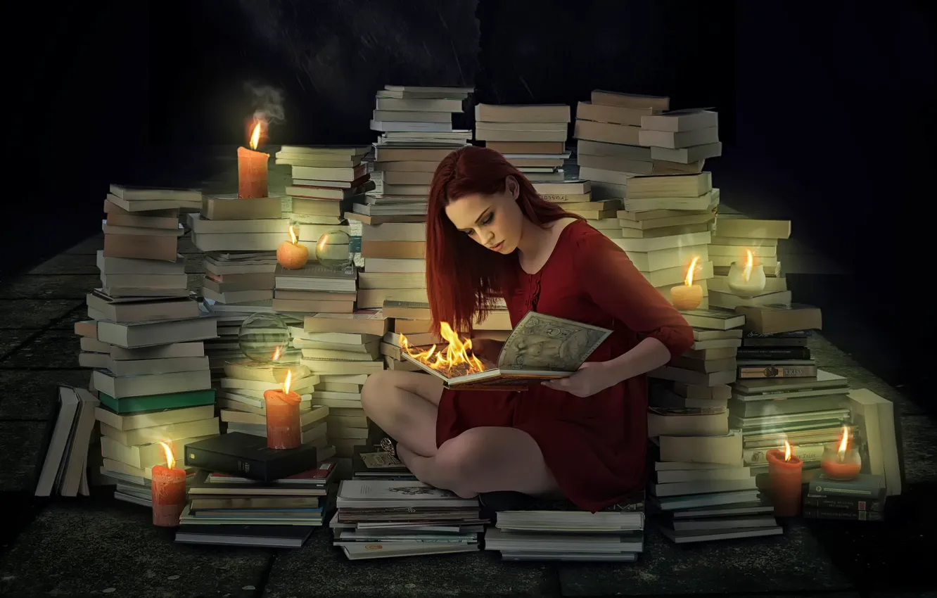 Фото обои девушка, огонь, книги, свечи