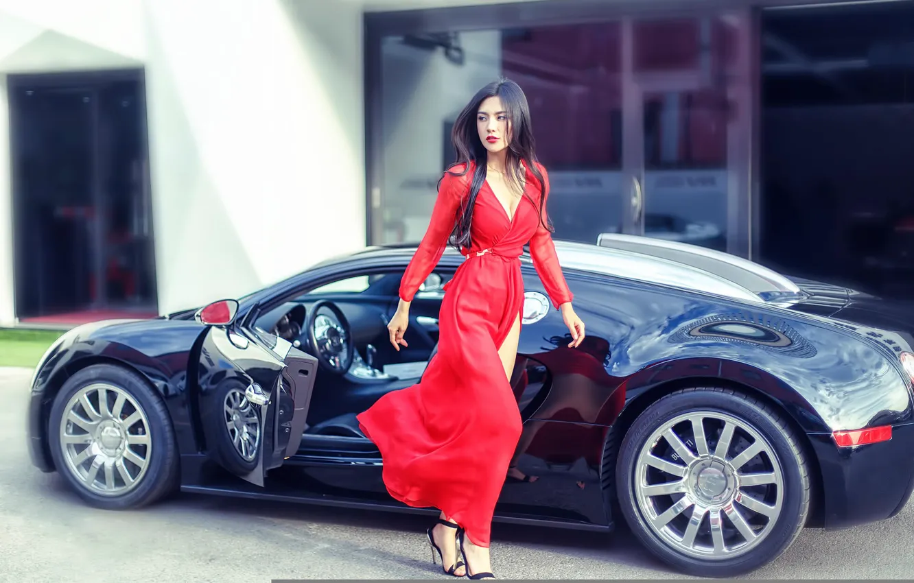 Фото обои девушка, Bugatti, автомобиль, в красном, походка