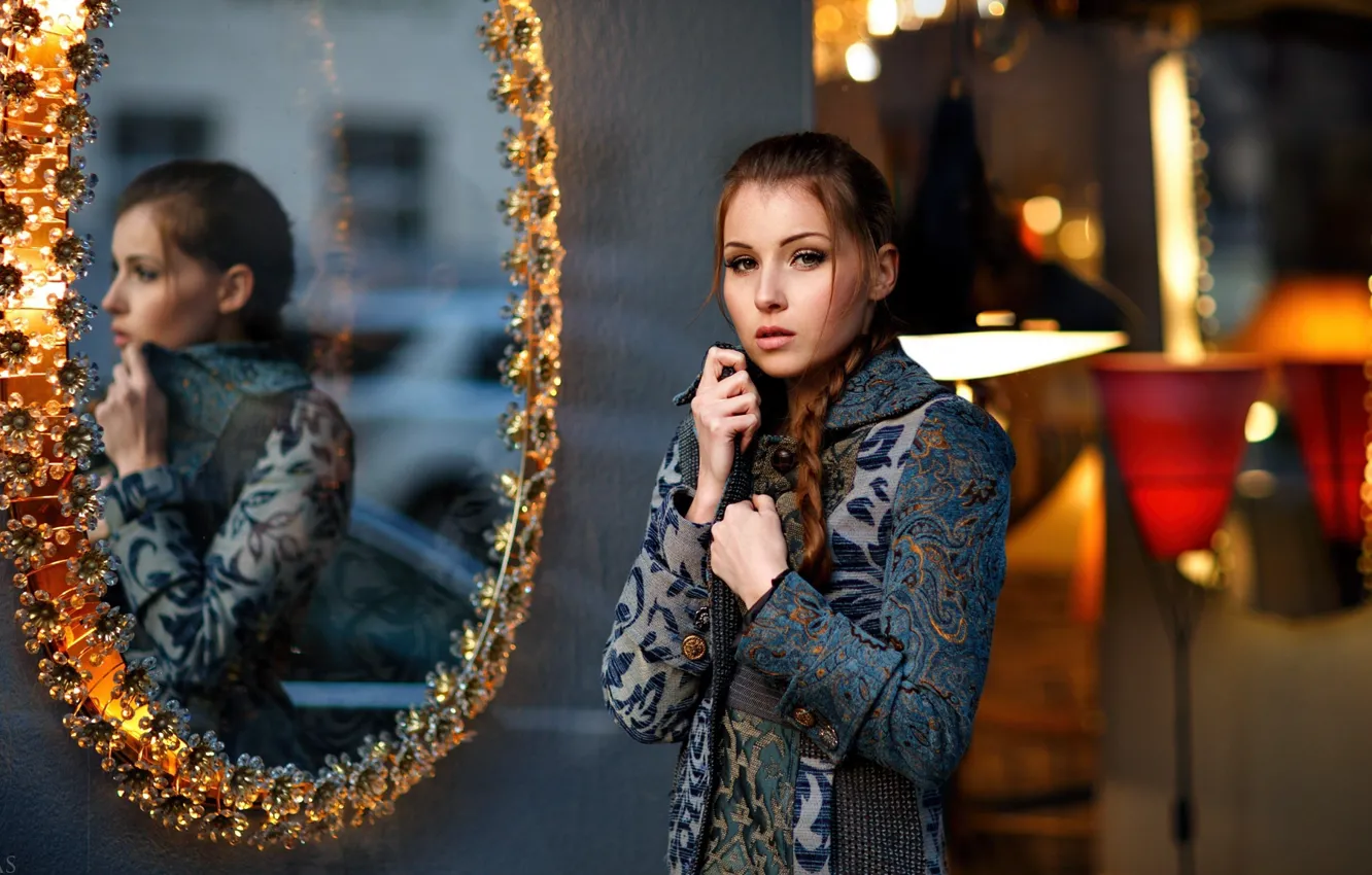 Фото обои девушка, отражение, зеркало