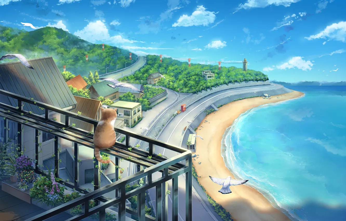Фото обои море, кошка, балкон