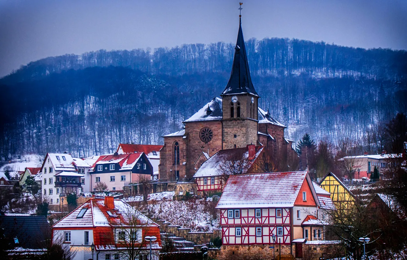 Фото обои зима, пейзаж, дома, Германия, церковь, Тюрингия, Ленгенфельд-унтерм-Штайн