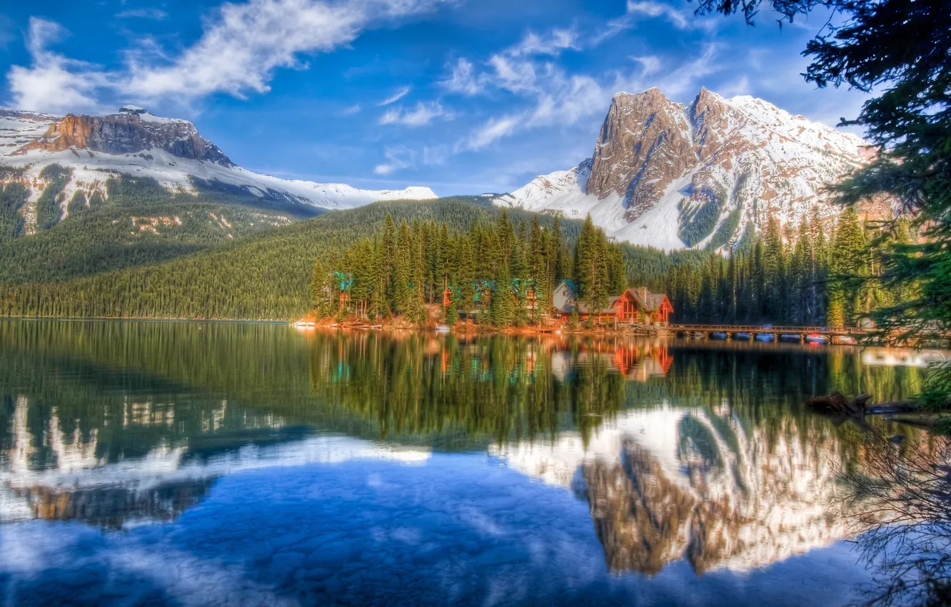 Фото обои лес, горы, природа, озеро, отражение, дома
