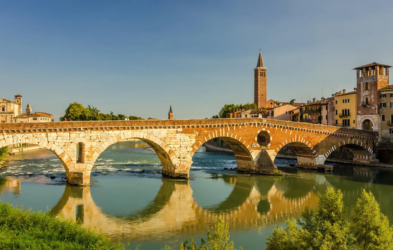 Фото обои небо, мост, башня, дома, Италия, Верона, река Адидже