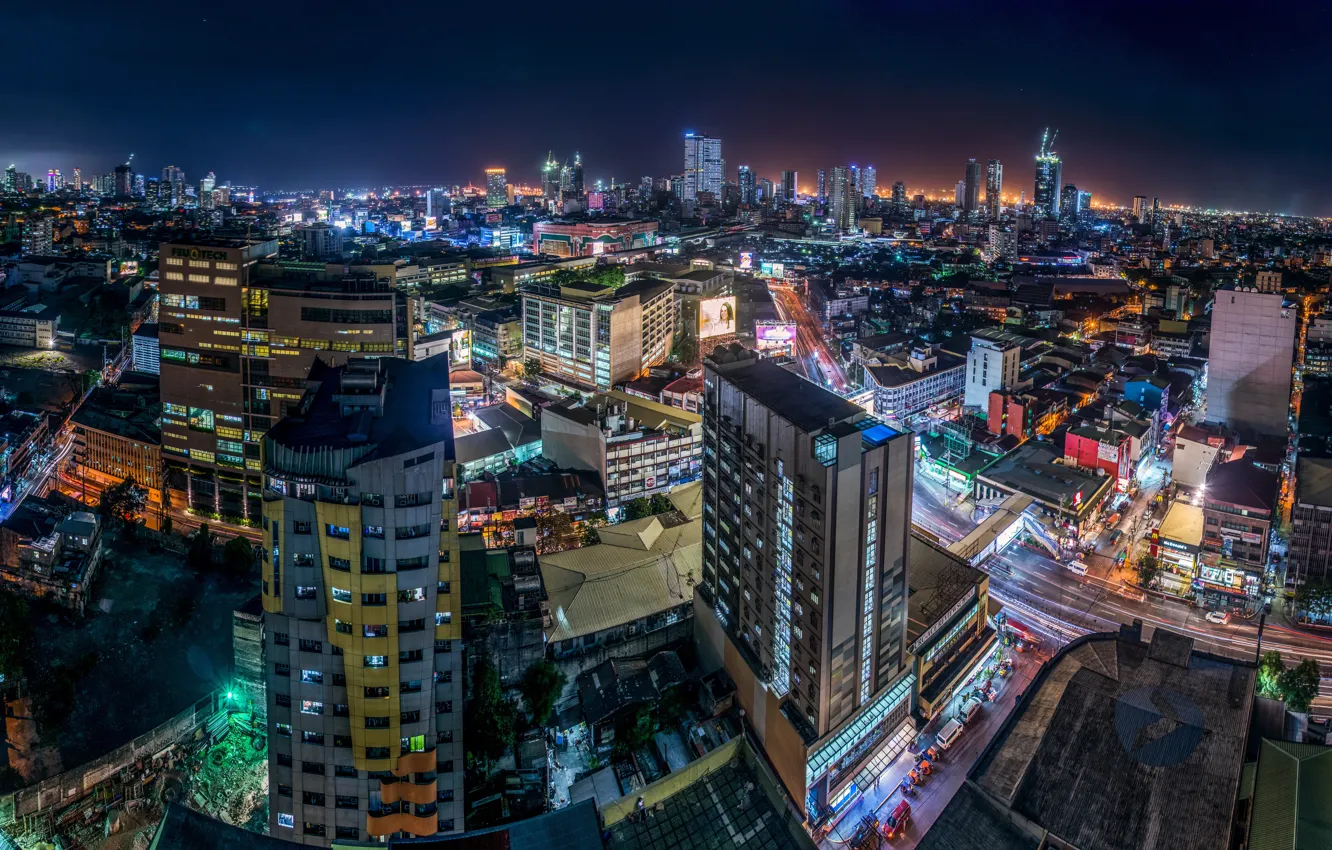 Фото обои Дома, Ночь, Город, Мегаполис, Филиппины, Манила, Manila