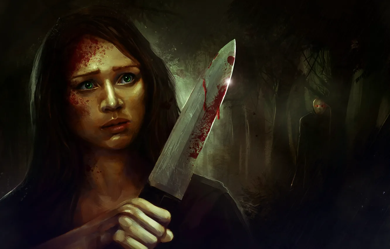 Фото обои девушка, ночь, человек, маска, нож, джейсон, Killer