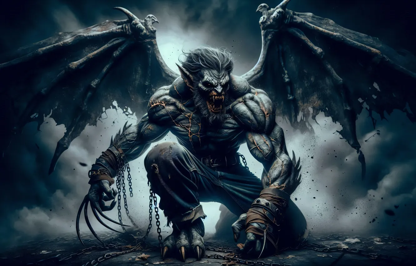 Фото обои крылья, монстр, демон, цепь