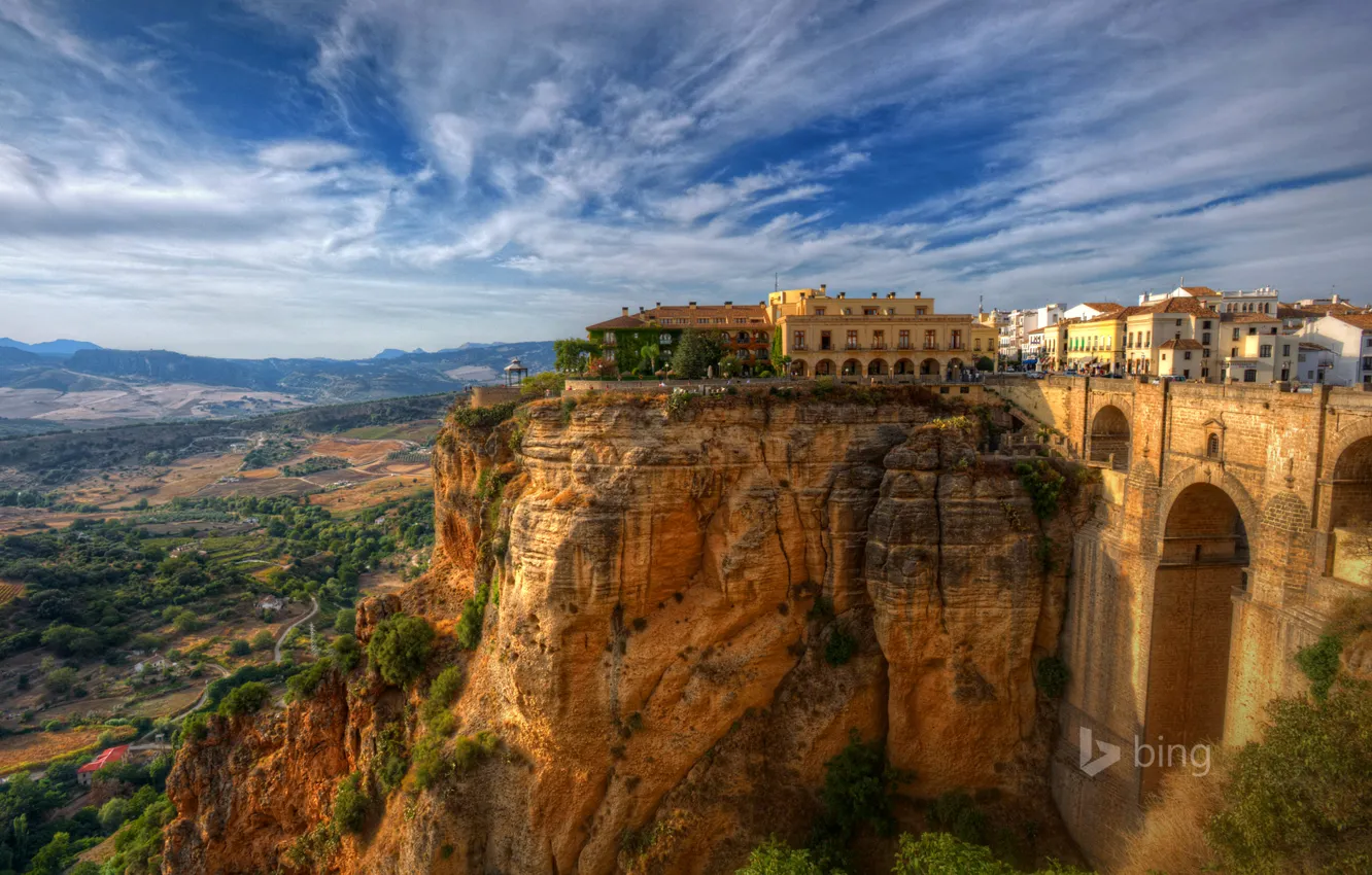 Фото обои небо, пейзаж, мост, скалы, дома, Испания, Малага, Ронда