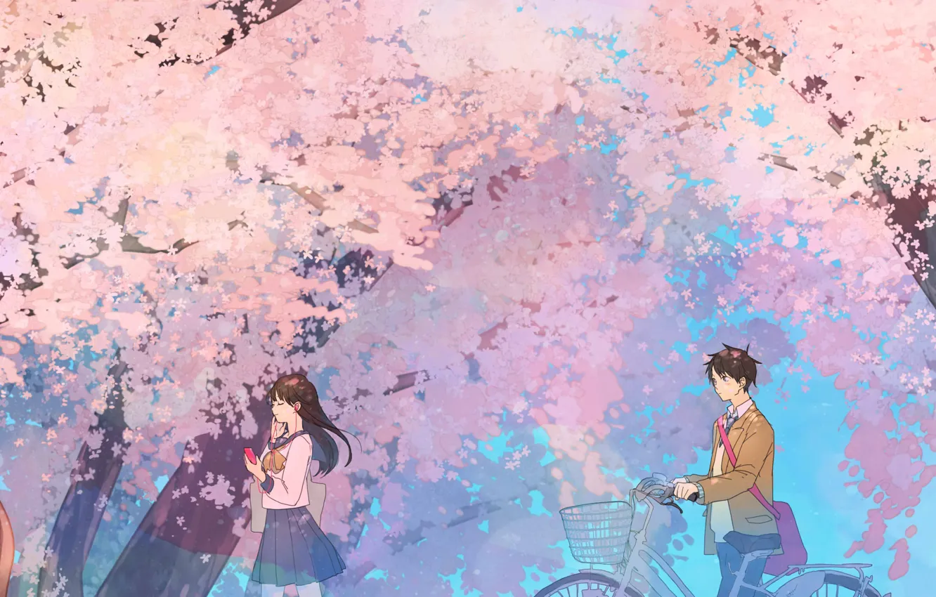 Фото обои весна, сакура, школьники, велосипе