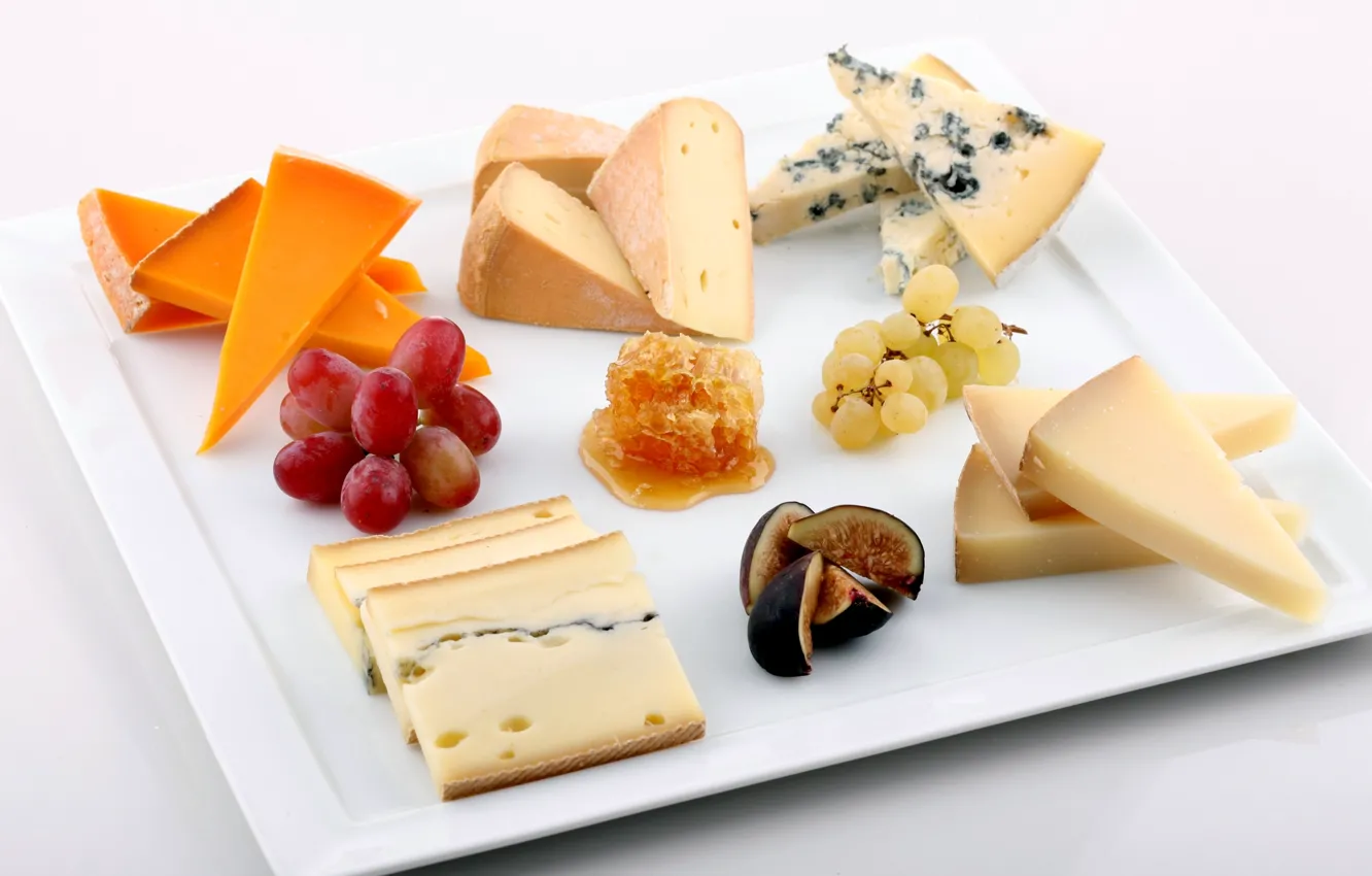 Фото обои Сыр, виноград, мёд, инжир