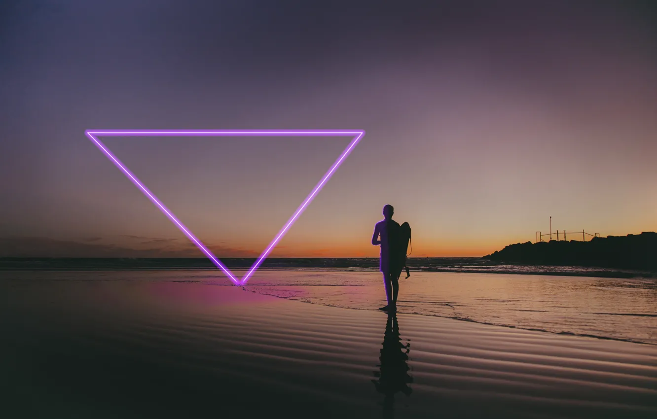 Фото обои Пляж, Неон, Человек, Треугольник, Фиолетовый, Свечение