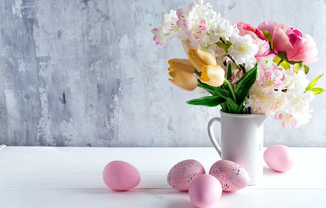 Фото обои цветы, праздник, Пасха, тюльпаны, ваза, Easter, Eggs, Myfoodie