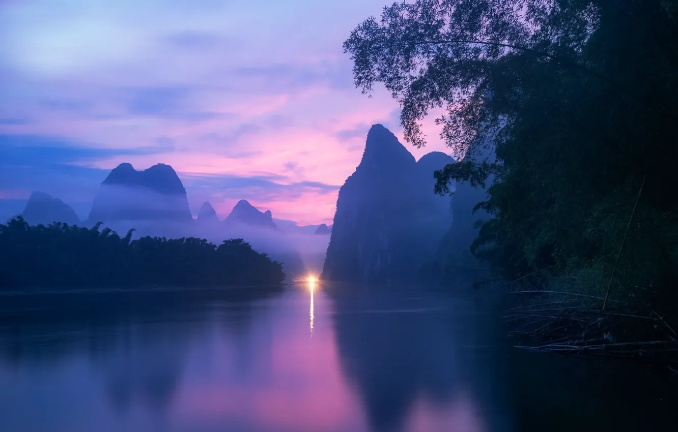 Фото обои China, river, sky, trees, landscape, nature, water, mountains
